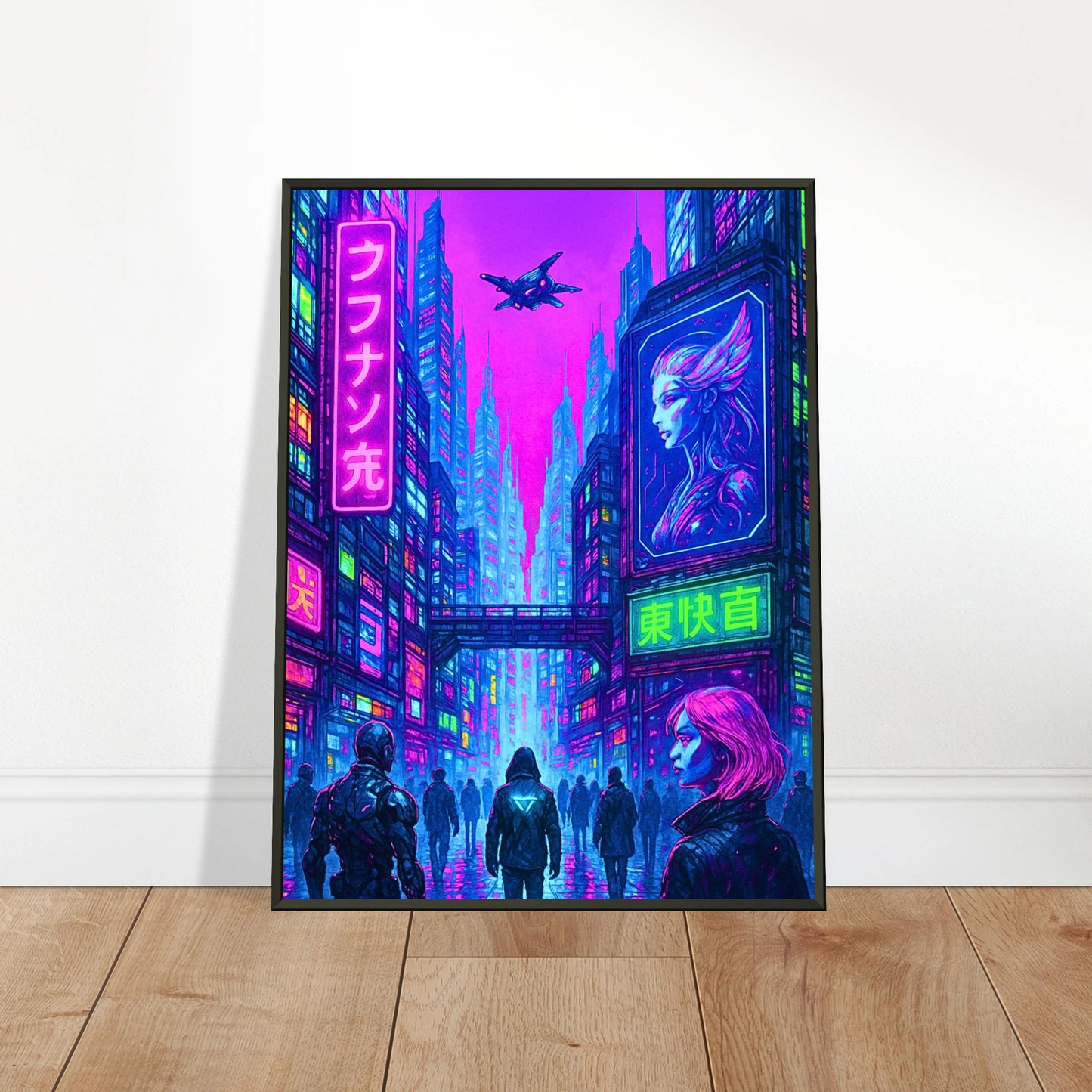 Cyber Reign Wandbild in hellem modernen Wohnraum, futuristische Cyberpunk Kunst im schwarzen Metallrahmen