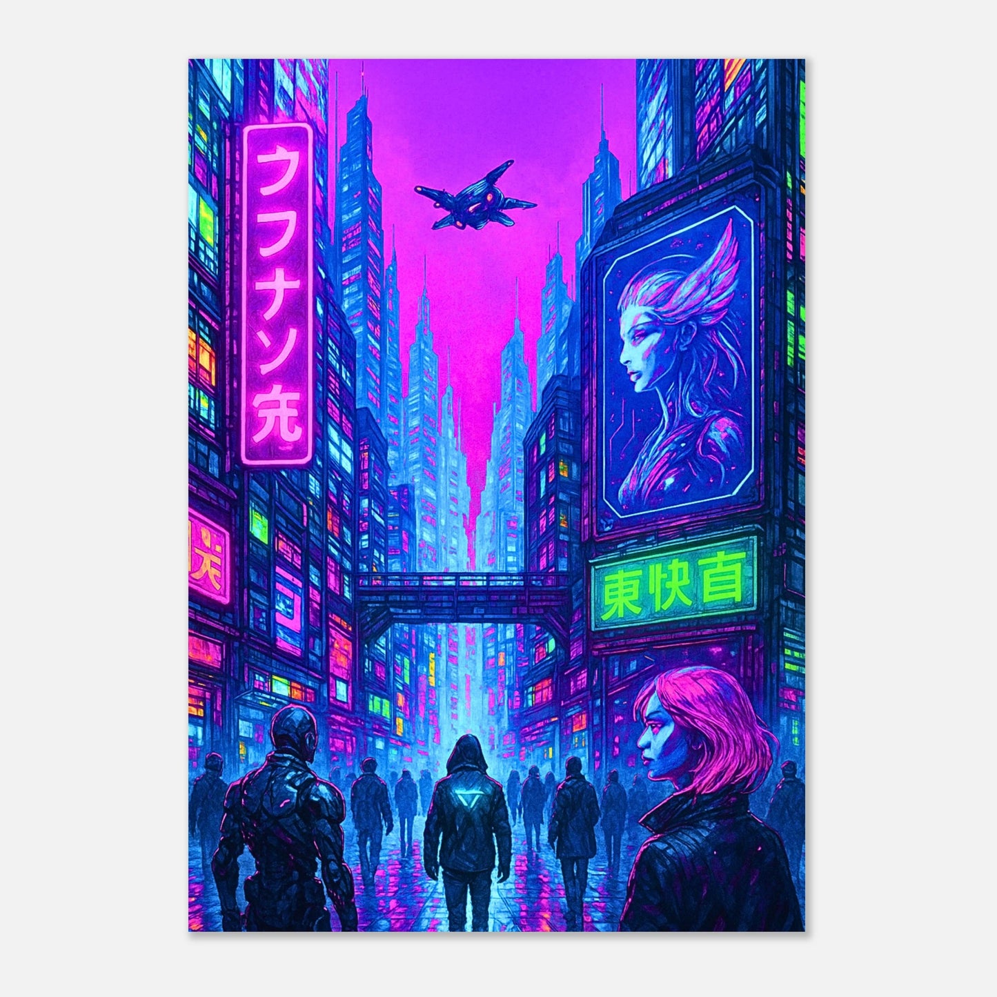 Cyberpunk Poster „Cyber Reign“ – futuristische Neon-City Wall Art im Sci-Fi und Synthwave Stil, leuchtende Großstadt mit Neonlichtern