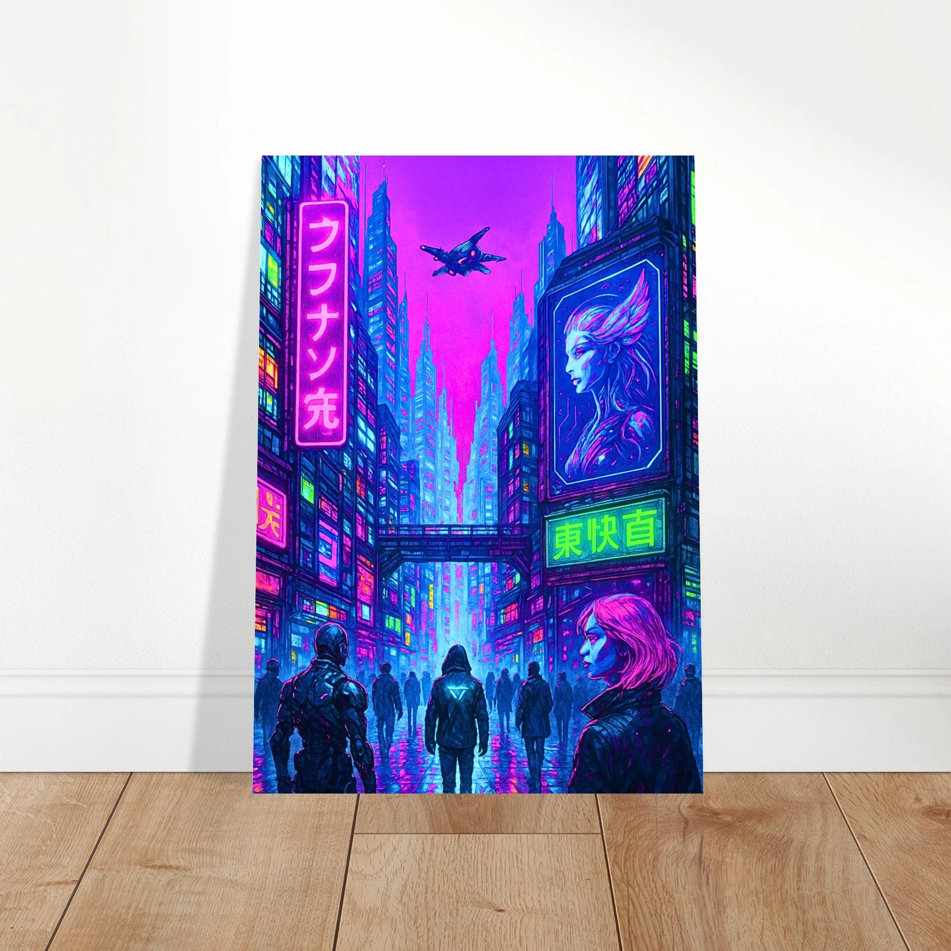 Cyberpunk Poster „Cyber Reign“ – modernes Urban Sci-Fi Wandbild mit leuchtender Neon City, stehend auf Holzboden