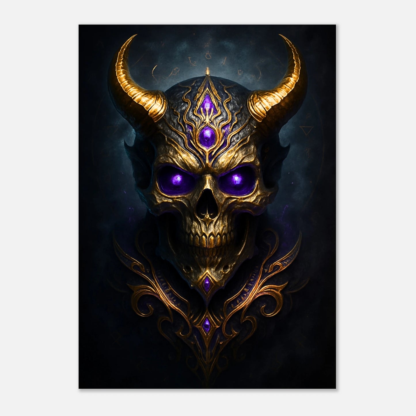Dark fantasy demonic skull art poster with golden horns and glowing violet gems, gothic wall decor