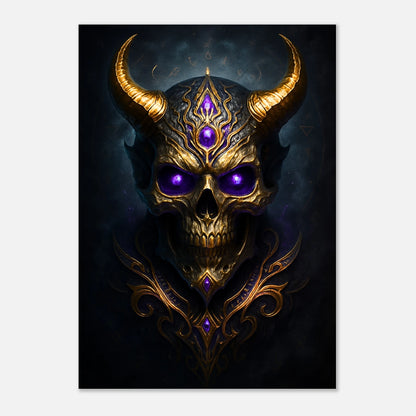 Dark fantasy demonic skull art poster with golden horns and glowing violet gems, gothic wall decor