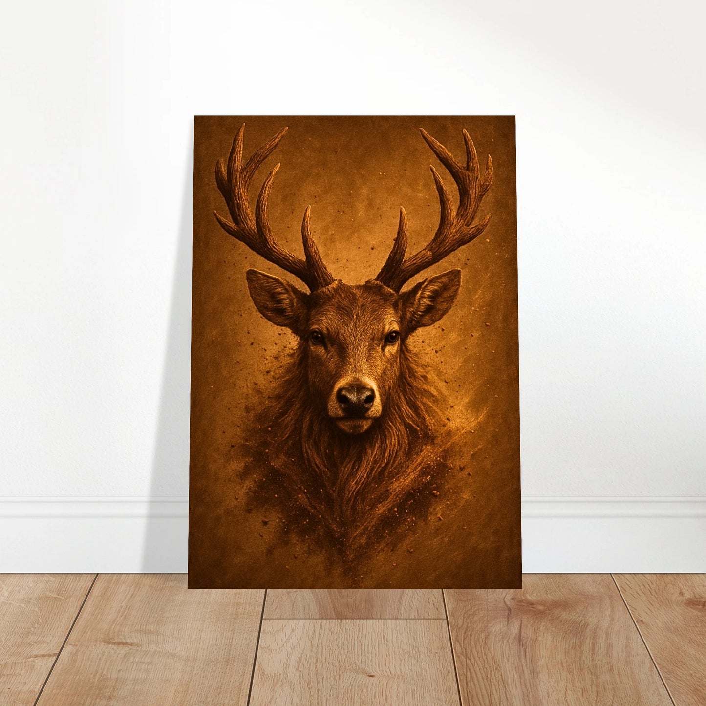 Unframed deer poster leaning on wall – elegant wildlife floor display with natural tones by DEFA