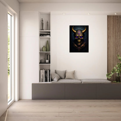 Demonic skull wall art in modern living room, golden horns and purple gem eyes, gothic decor