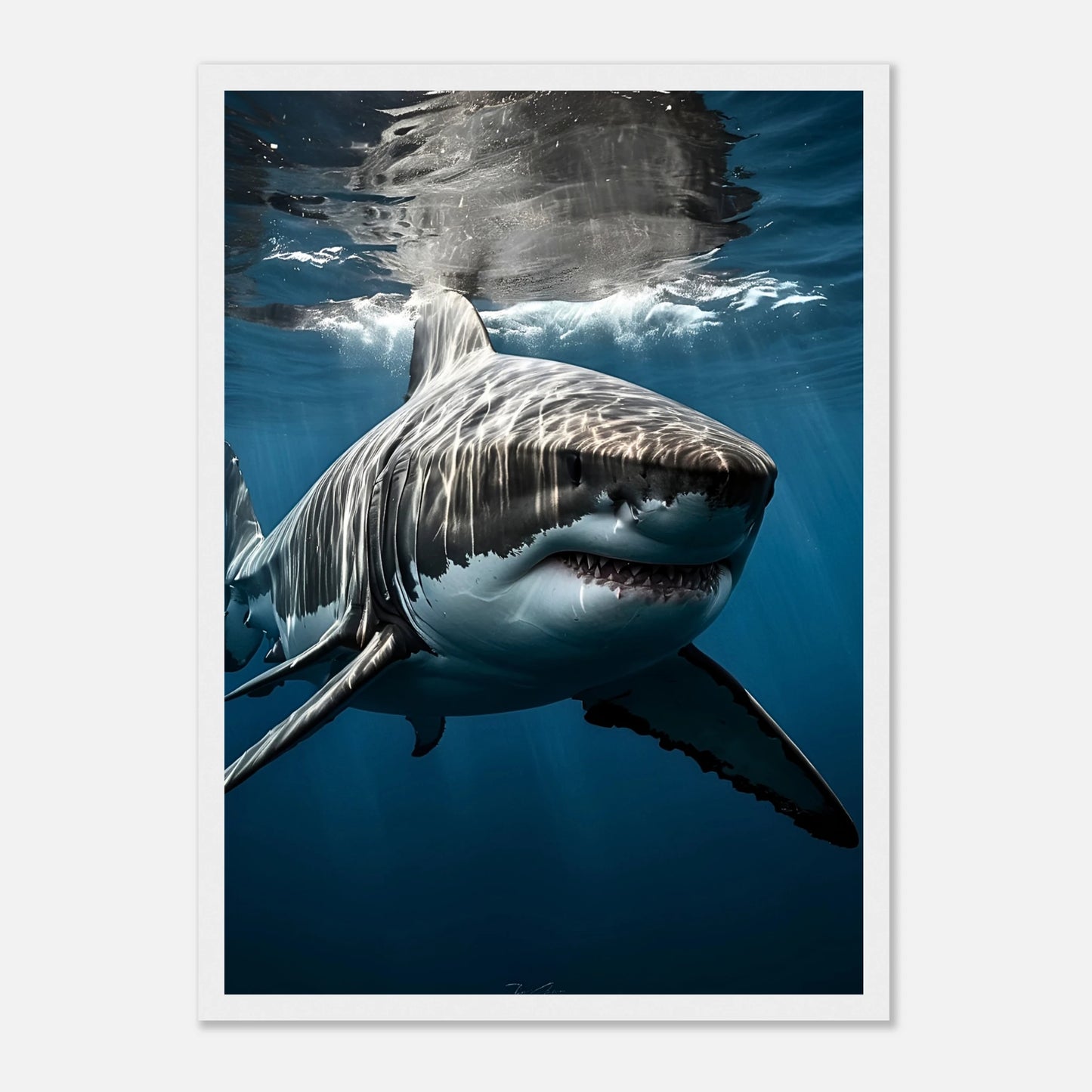„Depth Hunter Poster Hai – majestätischer weißer Rahmen für moderne Wanddeko im Ozean-Stil“