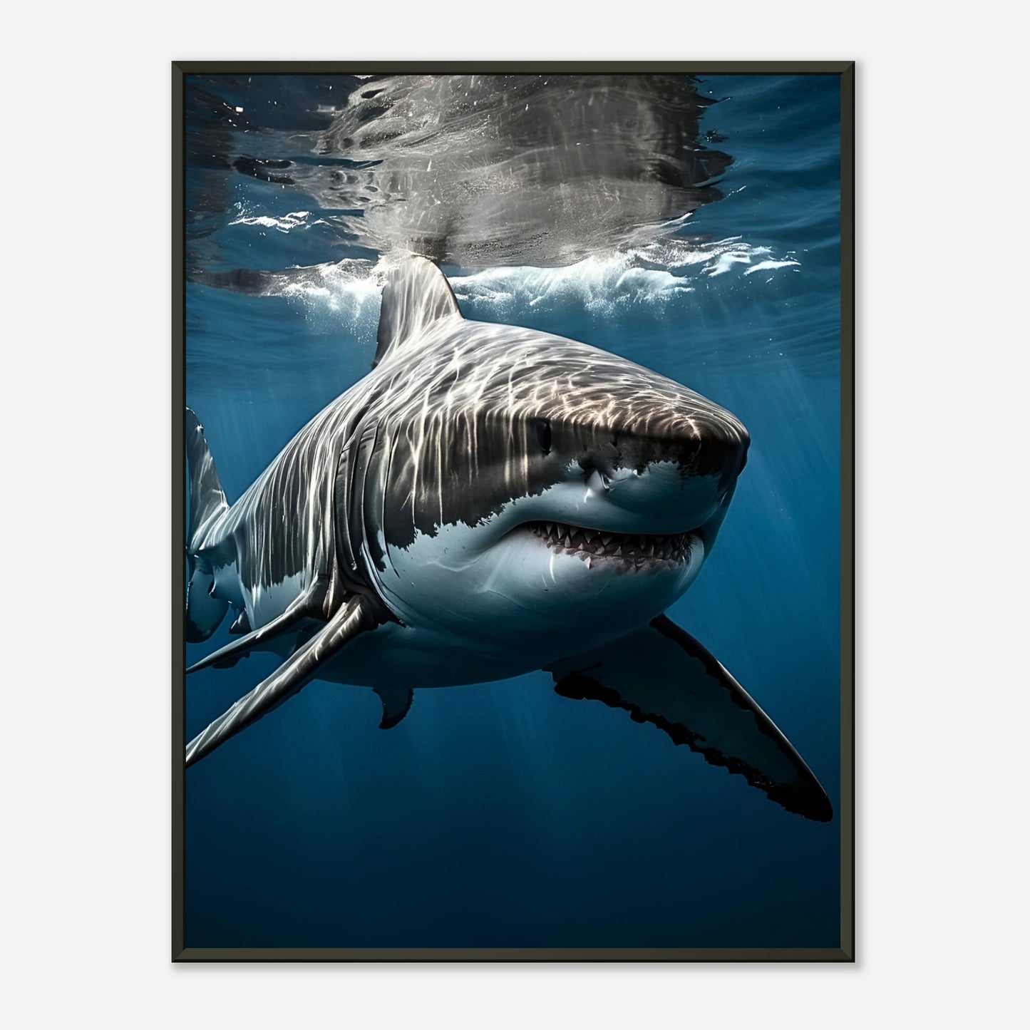 Depth Hunter Poster – Weißer Hai in tiefblauem Ozean, majestätische Meereskunst im schwarzen Metallrahmen | DEFA Designs Wandbild