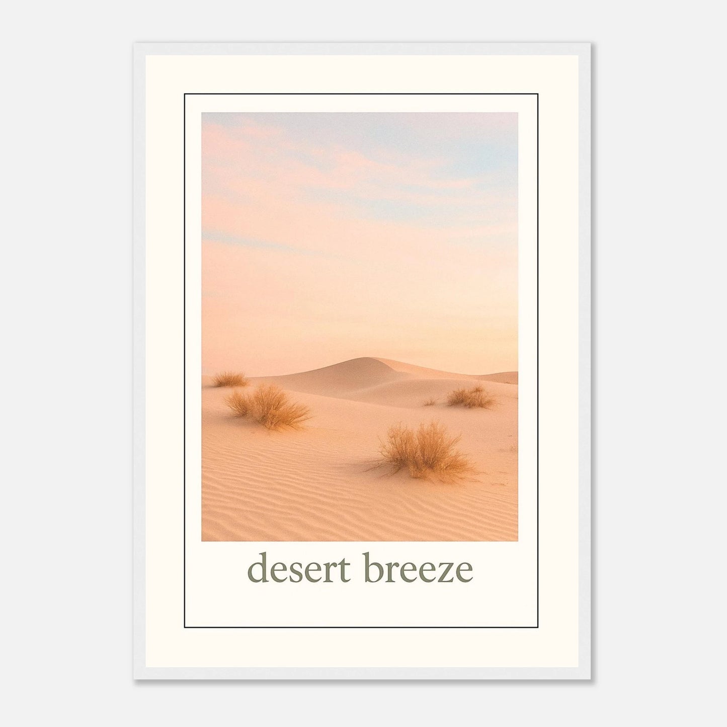 Desert Breeze Poster im weißen Holzrahmen – elegantes, minimalistisches Wandbild mit Sanddünen in Pastelltönen