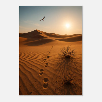 Hochwertiges Desert Journey Poster mit goldener Wüste, Fußspuren, Vogel und Sonnenuntergang – Natur Wandkunst