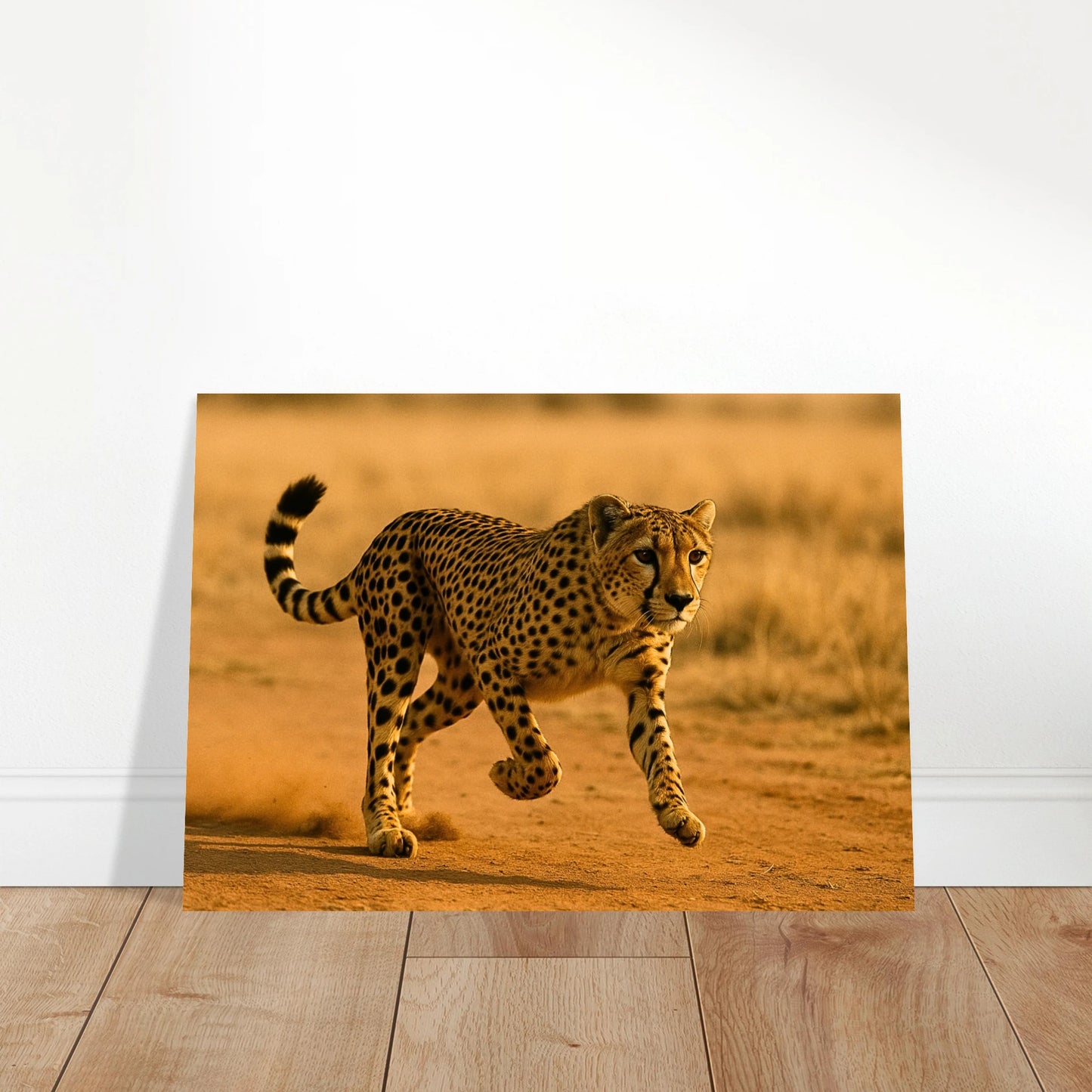 Desert Sprint Gepard Poster in modernem Wohnzimmer – Wildlife Wandkunst in A2-Größe ohne Rahmen.