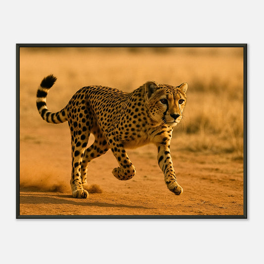 Desert Sprint Poster – Gepard in voller Bewegung auf der Savanne, eingerahmt im eleganten schwarzen Metallrahmen | DEFA Designs Wandbild