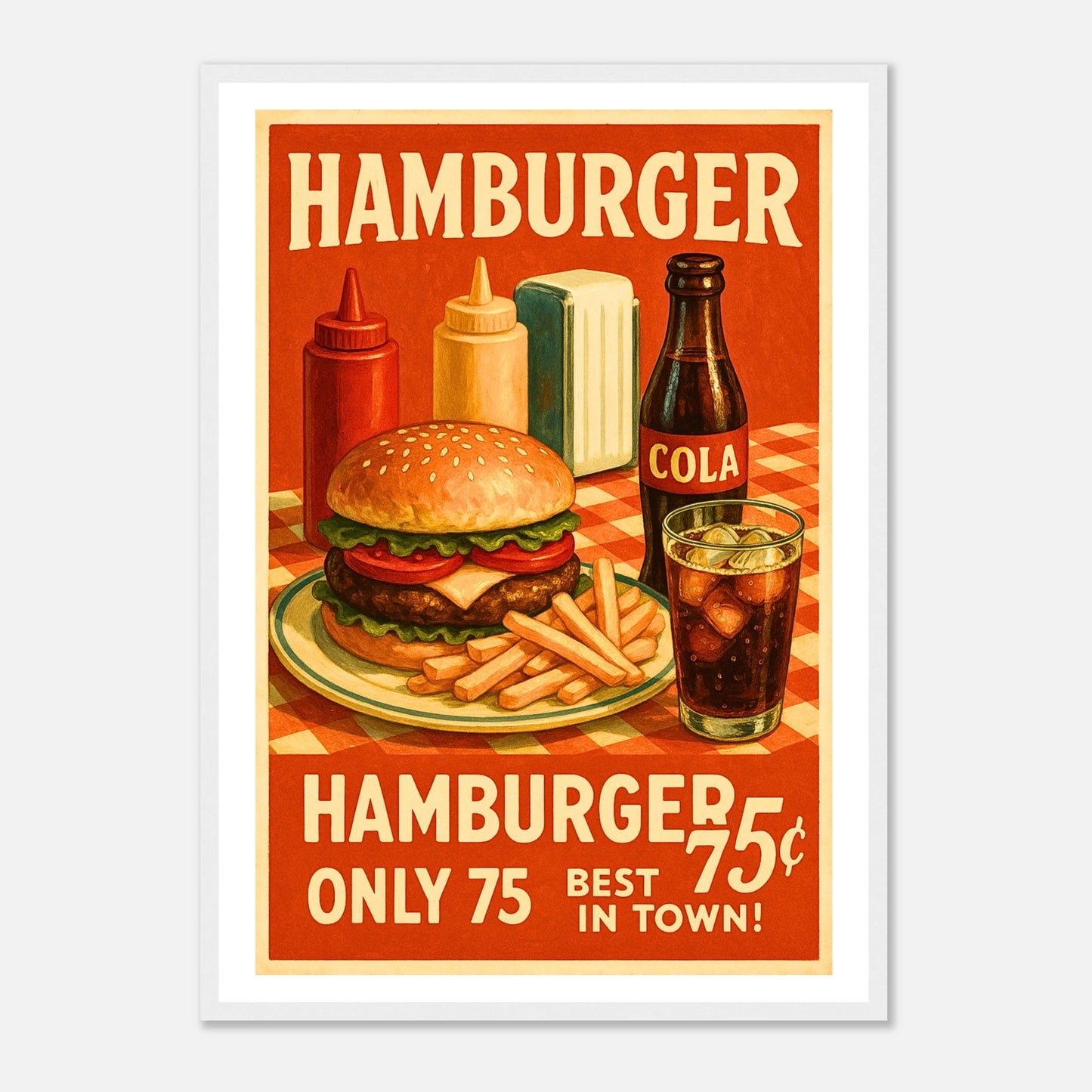 Diner Delight Poster im weißen Rahmen – Vintage-Poster mit Hamburger, Cola und Pommes, klassisches amerikanisches Diner-Design für Küche, Café oder Restaurant – von Defa Designs.