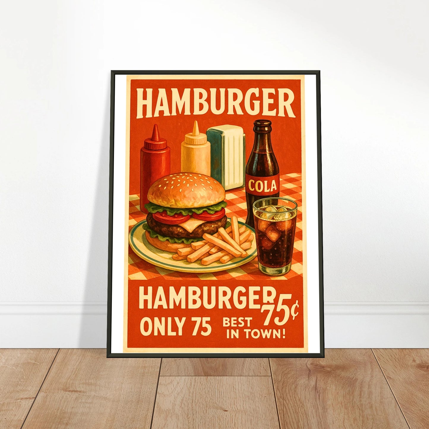Diner Delight hamburger wall art poster leaning against wall in black metal frame modern kitchen decor mockup