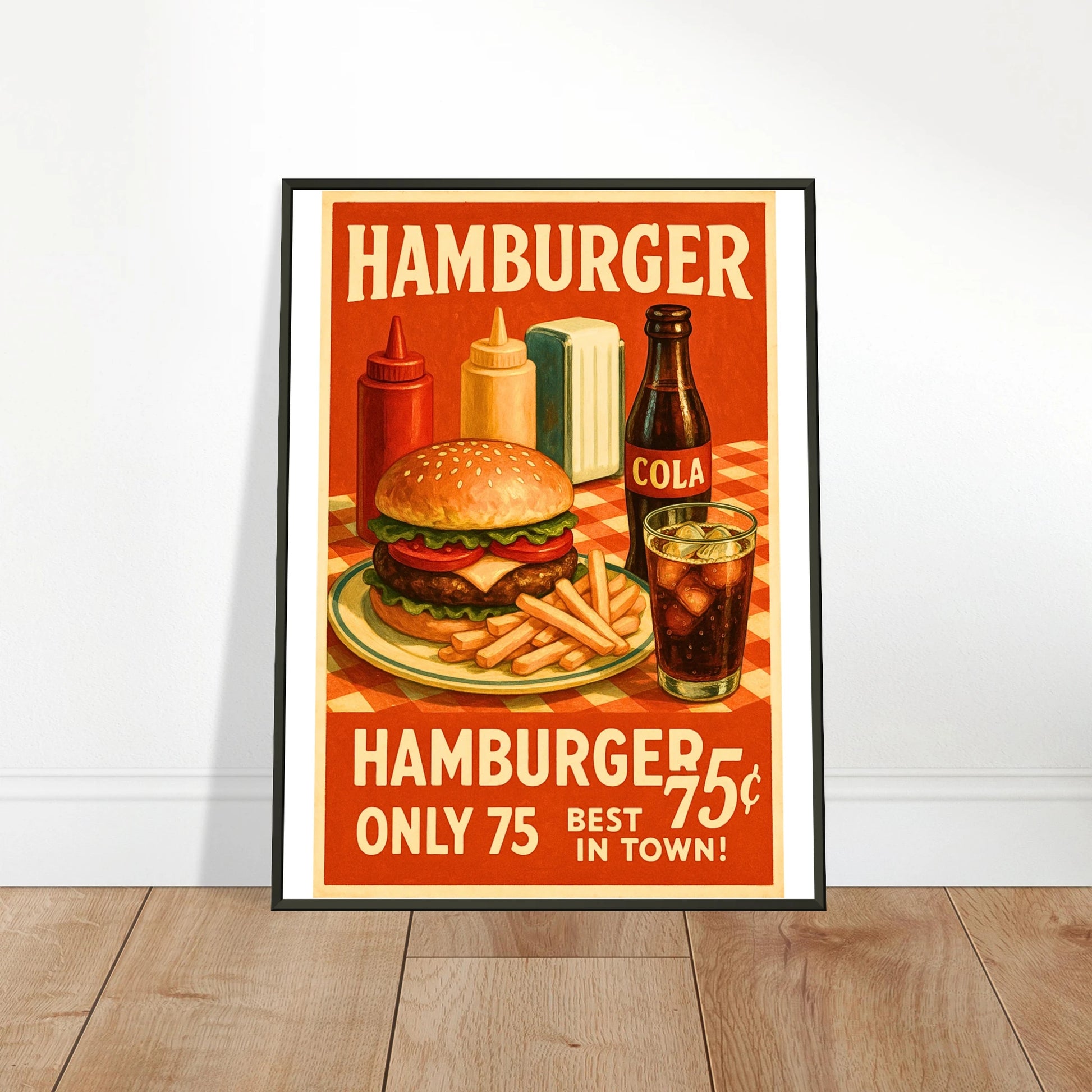 Diner Delight hamburger wall art poster leaning against wall in black metal frame modern kitchen decor mockup