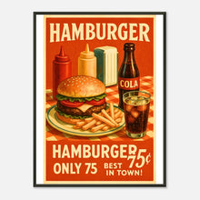 Diner Delight retro hamburger wall art poster in black metal frame featuring vintage American diner burger illustration