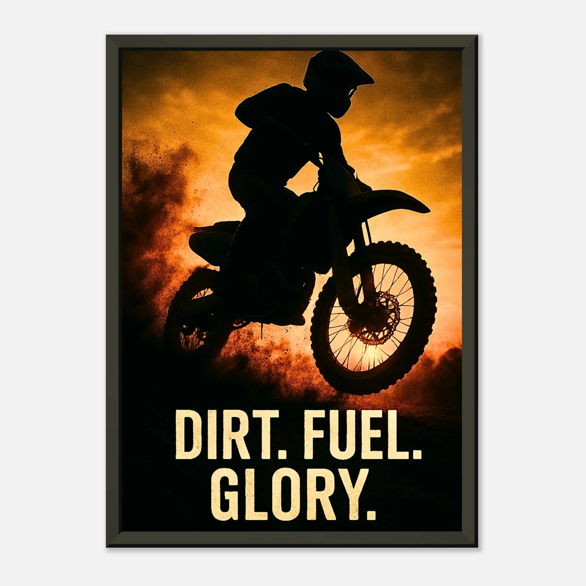 Motorsport Wandbild Dirt. Fuel. Glory. | Motocross Design mit Fahrer im Sprung und intensiver Feuerkulisse im schwarzen Metallrahmen | DEFA Designs