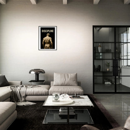Discipline – Sculpted by Will motivational poster in dark modern living room, black metal frame strength mindset decor