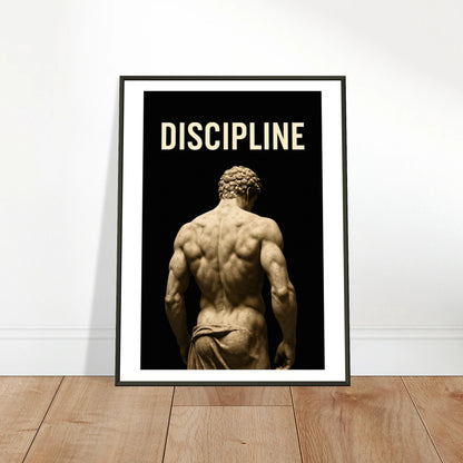 Discipline – Sculpted by Will framed motivational poster leaning on wooden floor, black metal frame gym decor