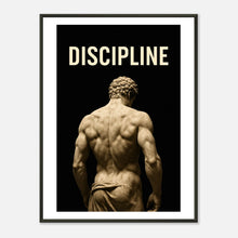 Discipline – Sculpted by Will motivational wall art poster in black metal frame, classical muscular statue back view, discipline quote gym wall decor