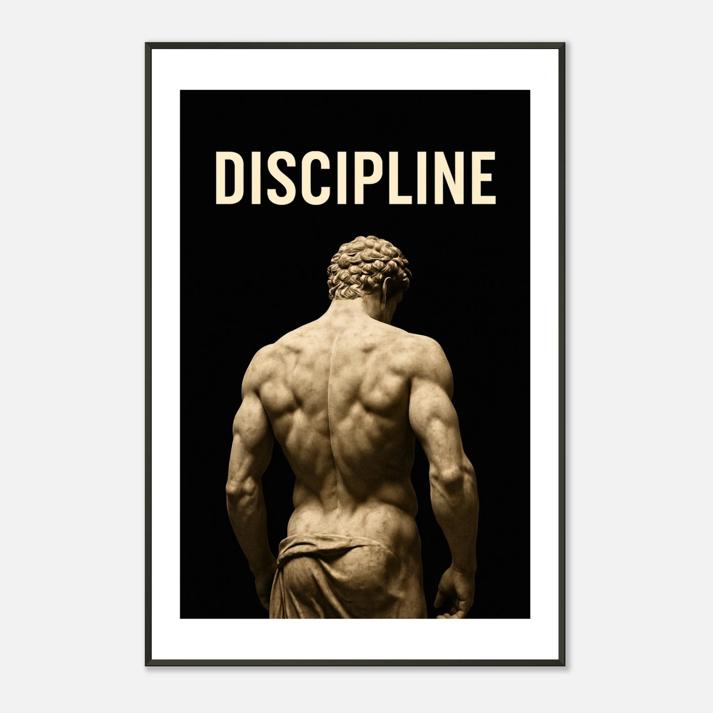 Discipline – Sculpted by Will framed poster front view in black metal frame, motivational fitness wall art classical sculpture