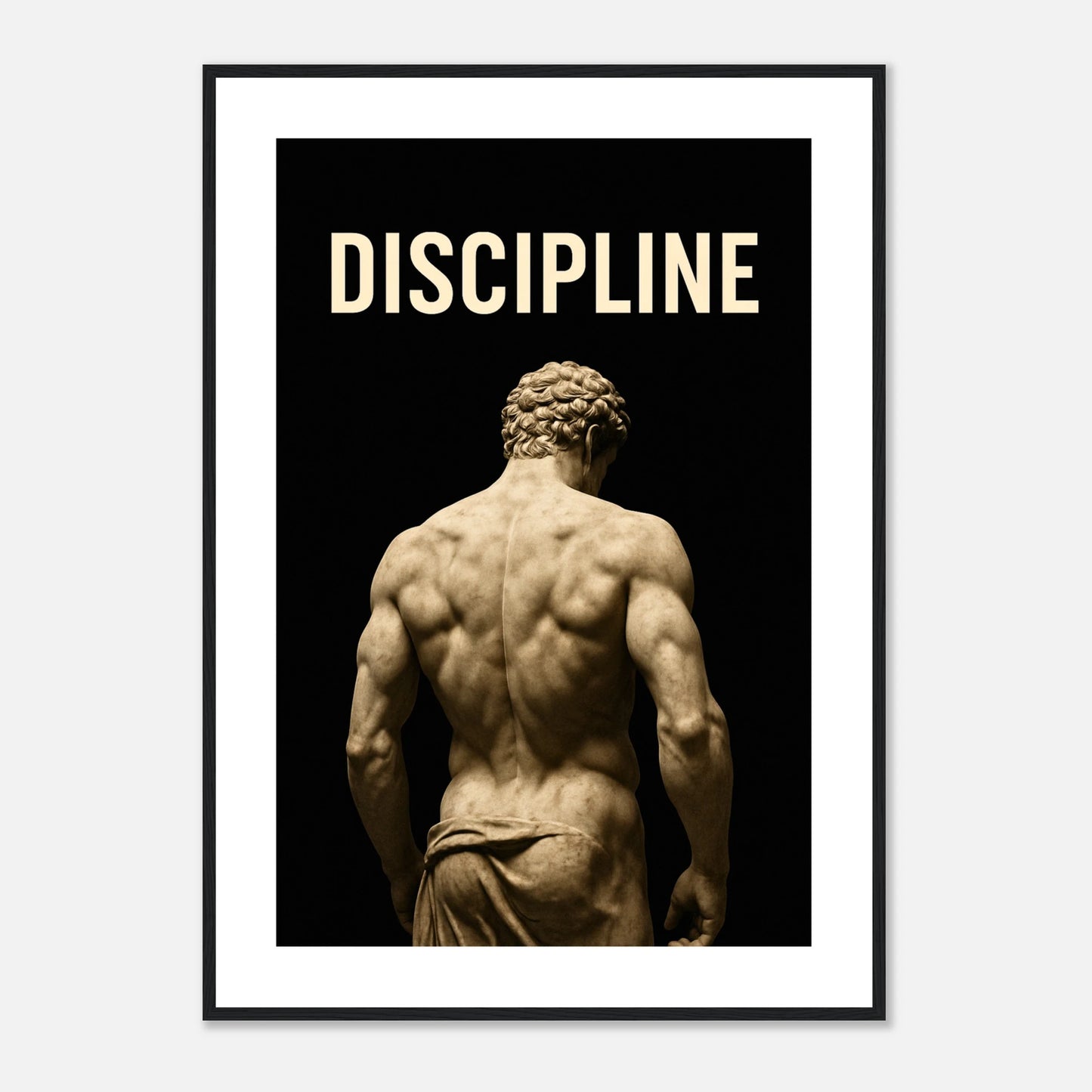 Discipline – Sculpted by Will Motivationsposter im schwarzen Rahmen – modernes Fitness Wandbild mit Bodybuilder Silhouette. Perfekt für Gym-Wände oder Homeoffice, von Defa Designs.