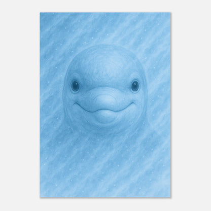 Aqua Mood Poster – Meereskunst mit Delfin, auf Tisch ohne Rahmen präsentiert.