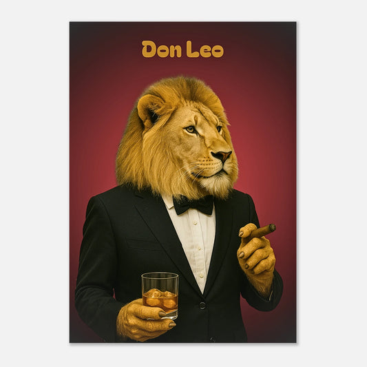 5Don Leo lion wall art poster – lion in tuxedo holding whiskey and cigar, bold and classy artwork by DEFA