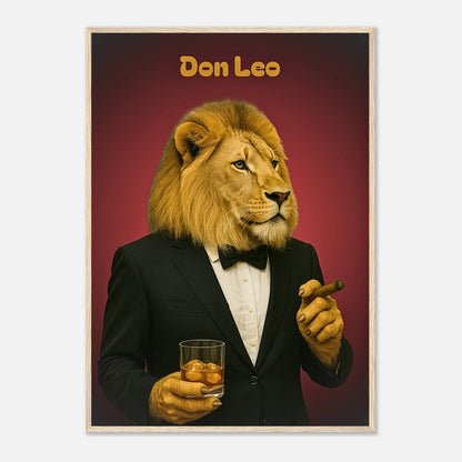 Don Leo Poster im hellbraunen Holzrahmen – stilvolles Löwenporträt im Anzug mit Whiskyglas, luxuriöse Wandkunst.