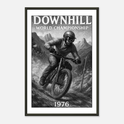 Downhill ’76 Poster – Vintage-Design mit Fahrer in den Bergen – Perfekte Wandkunst für Mountainbike-Fans | DEFA Designs