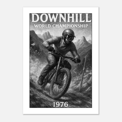 „Ride the Edge Downhill ’76 Poster – Vintage Mountainbike Art Print mit Downhill-Radfahrer als Wanddeko“
