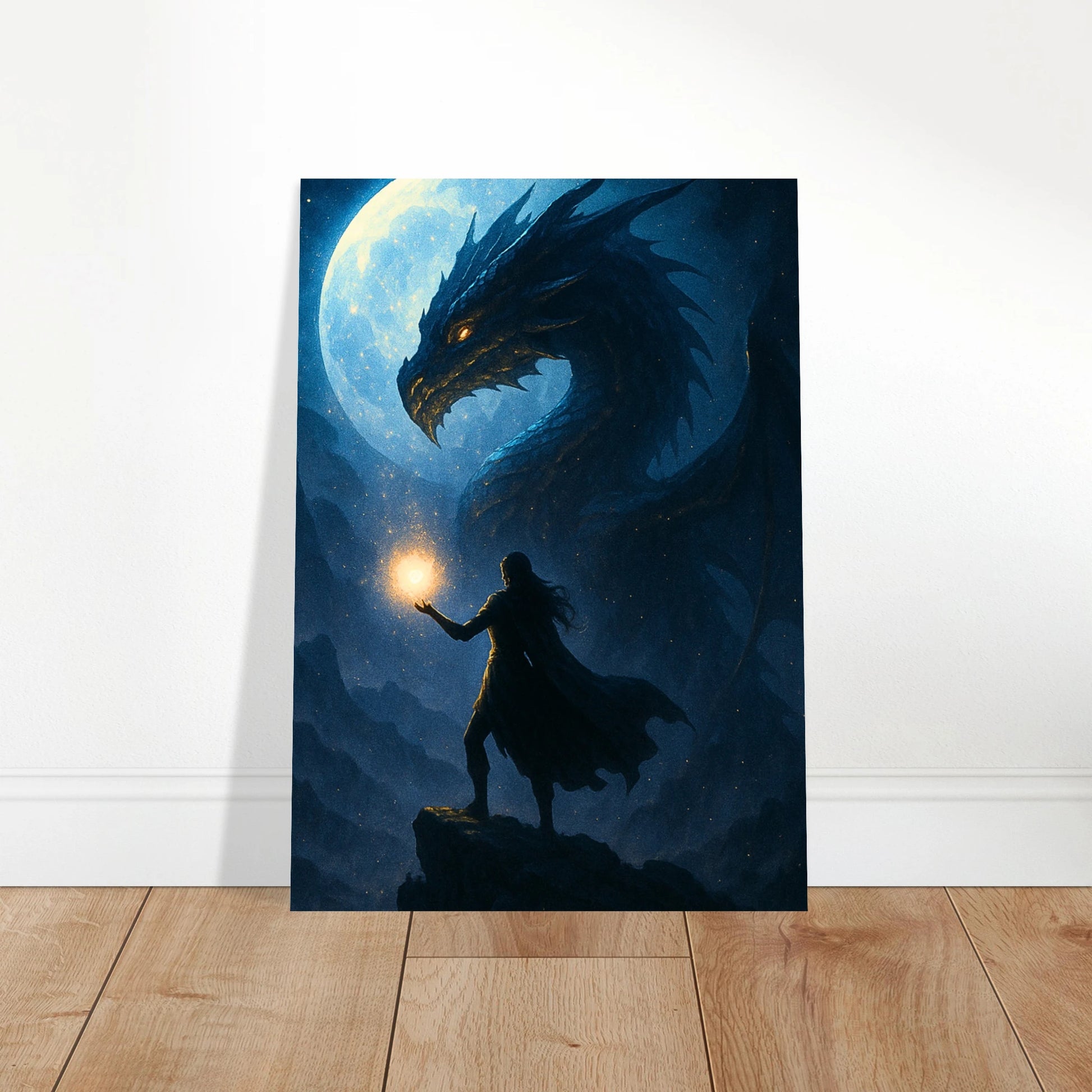 Mystical Dragon Poster – Zauberer mit Lichtkugel im Duell mit Drachen, dekoratives Wandbild