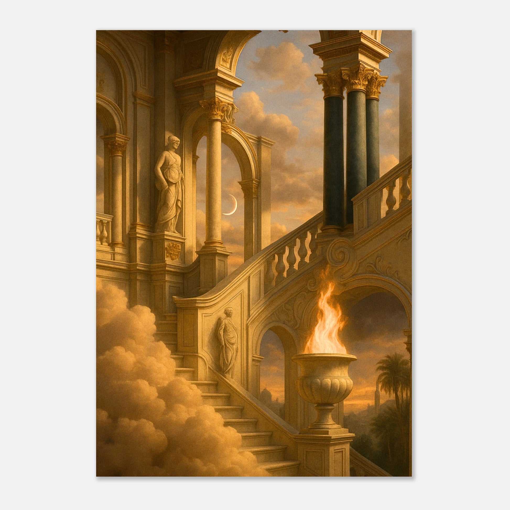 Dreamy wall art – Golden Stairway poster with surreal architecture, statues and glowing atmosphere
