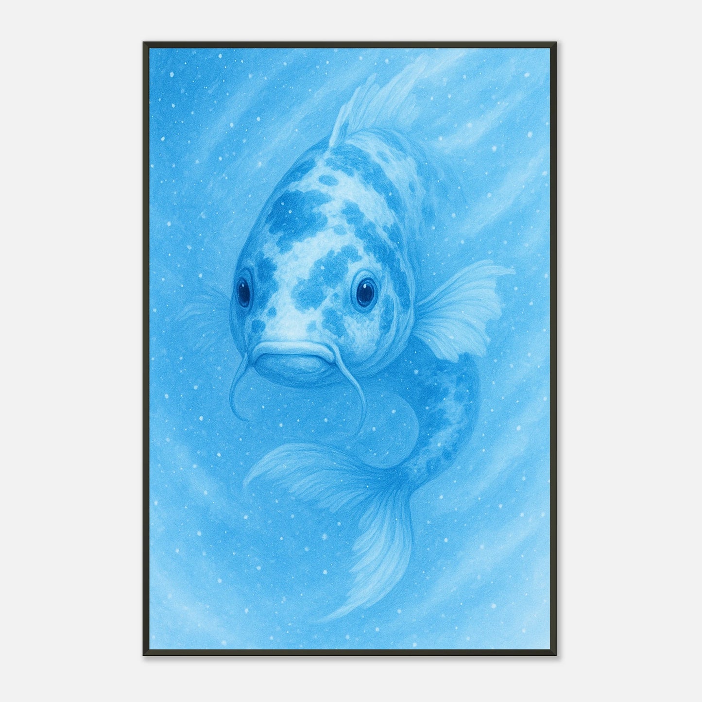 Detailaufnahme des Drift & Glow Posters – blauer Koi-Fisch mit sanften Wasserstrukturen, fein gedruckt auf hochwertigem Papier.