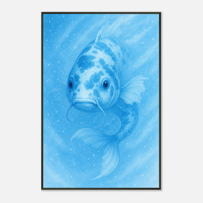 Detailaufnahme des Drift & Glow Posters – blauer Koi-Fisch mit sanften Wasserstrukturen, fein gedruckt auf hochwertigem Papier.