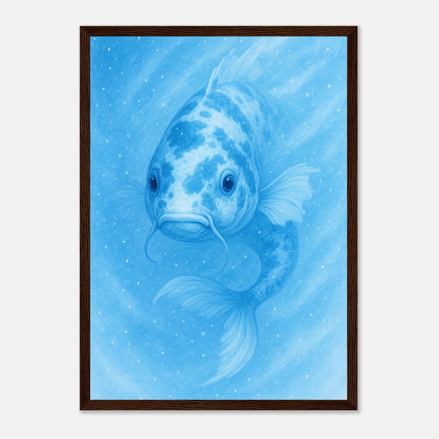 Drift & Glow Koi Poster mit dunkelbraunem Holzrahmen – eleganter Kunstdruck in Blau für exklusive Einrichtung.