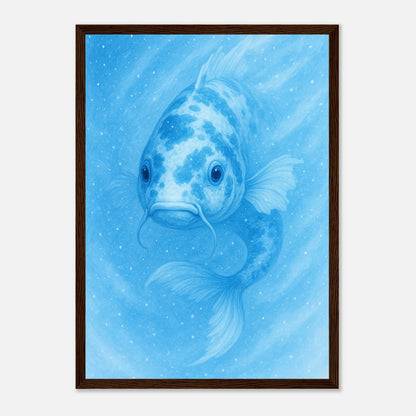 Drift & Glow Koi Poster mit dunkelbraunem Holzrahmen – eleganter Kunstdruck in Blau für exklusive Einrichtung.