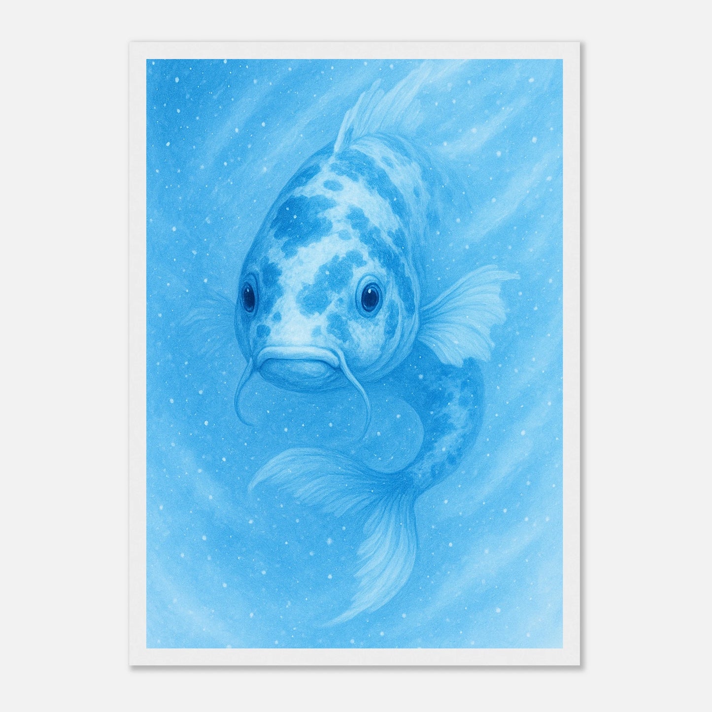 Drift & Glow Koi Poster mit weißem Rahmen – minimalistisches Wandbild in Blau für moderne Wohnräume.