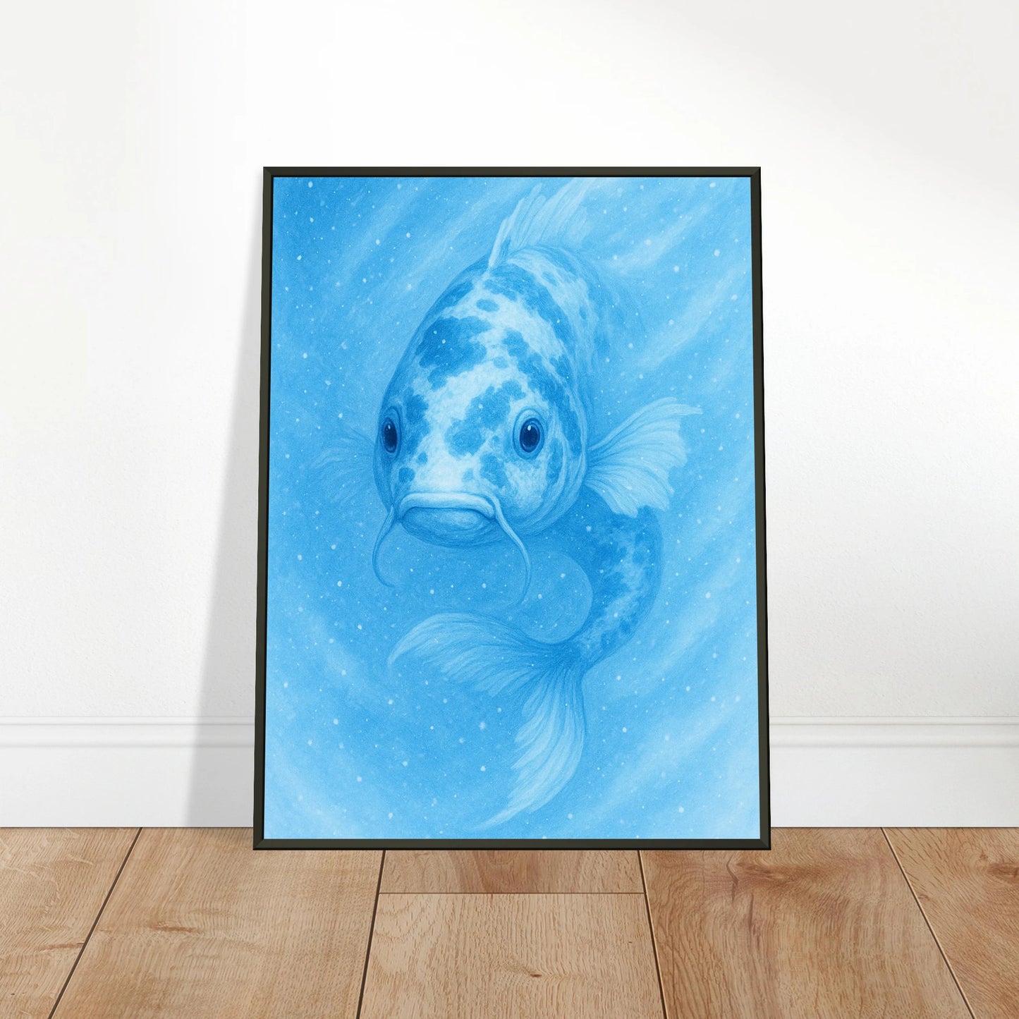 Drift & Glow Poster an die Wand gelehnt – ruhige Wasserästhetik mit elegantem schwarzen Metallrahmen, perfekt für moderne Räume.