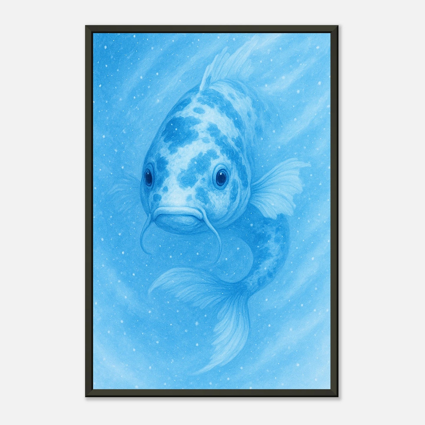 Schrägansicht des Drift & Glow Posters – sanfte Lichtreflexe auf Glas und Rahmen, minimalistisches Wasserdesign in kräftigem Blau.