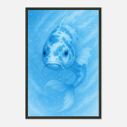 Schrägansicht des Drift & Glow Posters – sanfte Lichtreflexe auf Glas und Rahmen, minimalistisches Wasserdesign in kräftigem Blau.