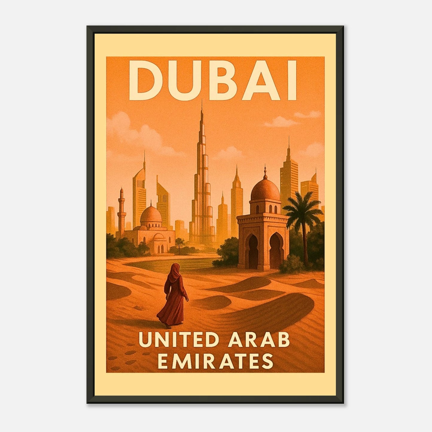 Dubai UAE wall art front view, stylized travel poster in black metal frame