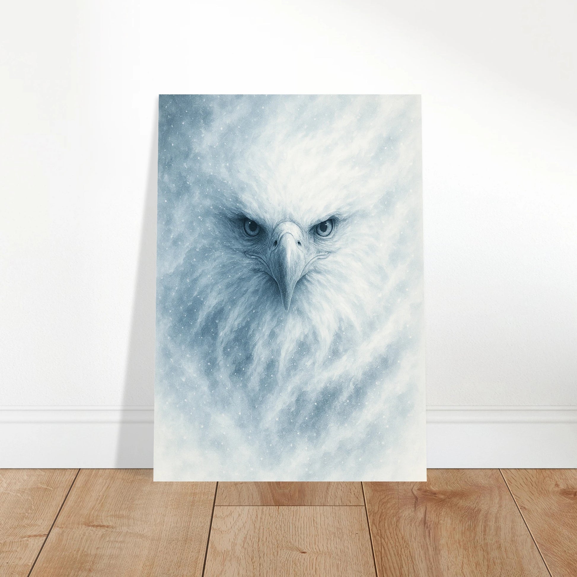 Frost Eagle unframed art poster leaning on white wall – elegant wildlife print by DEFA
