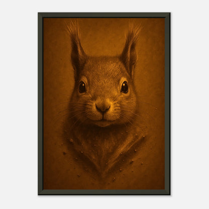 Nahaufnahme vom Little Guardian Poster – detailreiches Eichhörnchen-Motiv im schwarzen Metallrahmen, warme Naturillustration | DEFA Designs