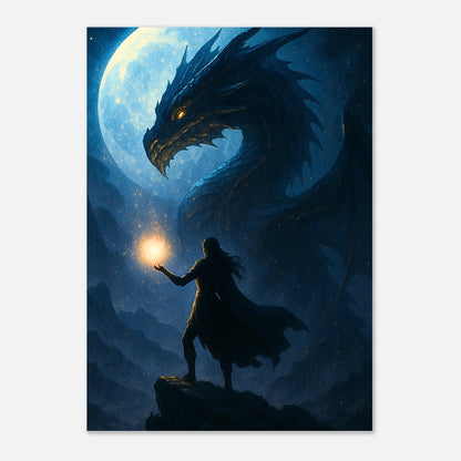 Epic Fantasy Art Print – Zauberer mit Feuerkugel vor Drache und Mond, mystisches Poster
