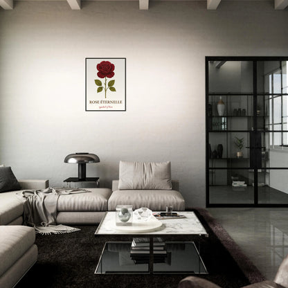 Eternal Rose Poster im modernen Wohnzimmer – tiefrote Rose im schwarzen Rahmen, luxuriöses und emotionales Kunstwerk von Defa Designs.