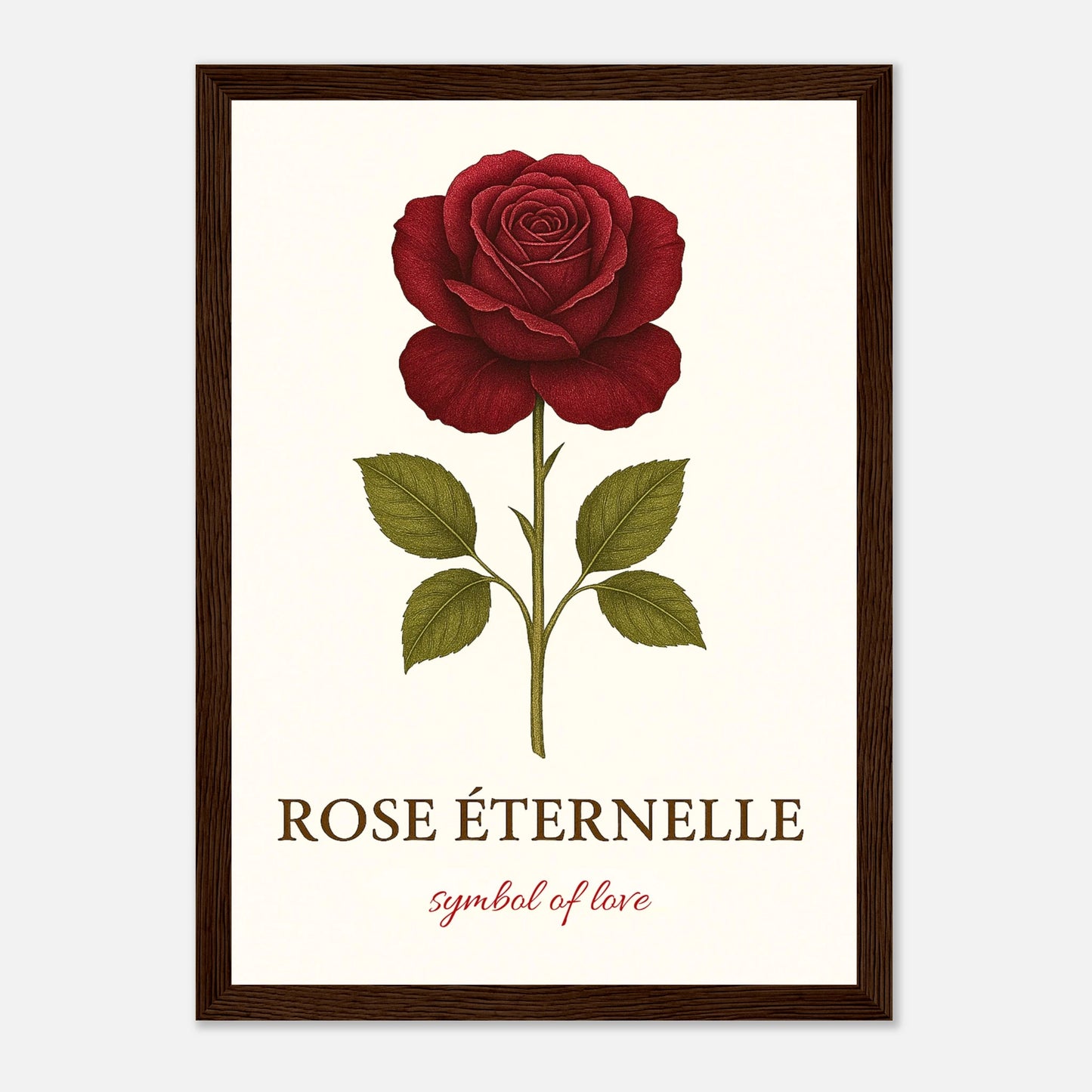 Eternal Rose Poster mit dunkelbraunem Holzrahmen – romantisches Rosenbild für Wohnzimmer