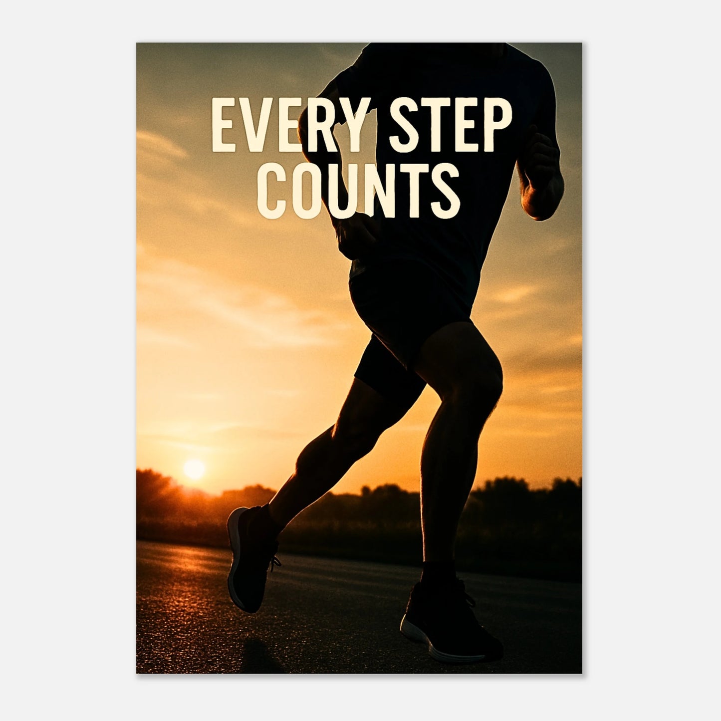 Motivationsposter „Every Step Counts“ liegend auf Holzoberfläche – Sport Wanddeko für Fitnessraum, Büro oder Wohnzimmer.