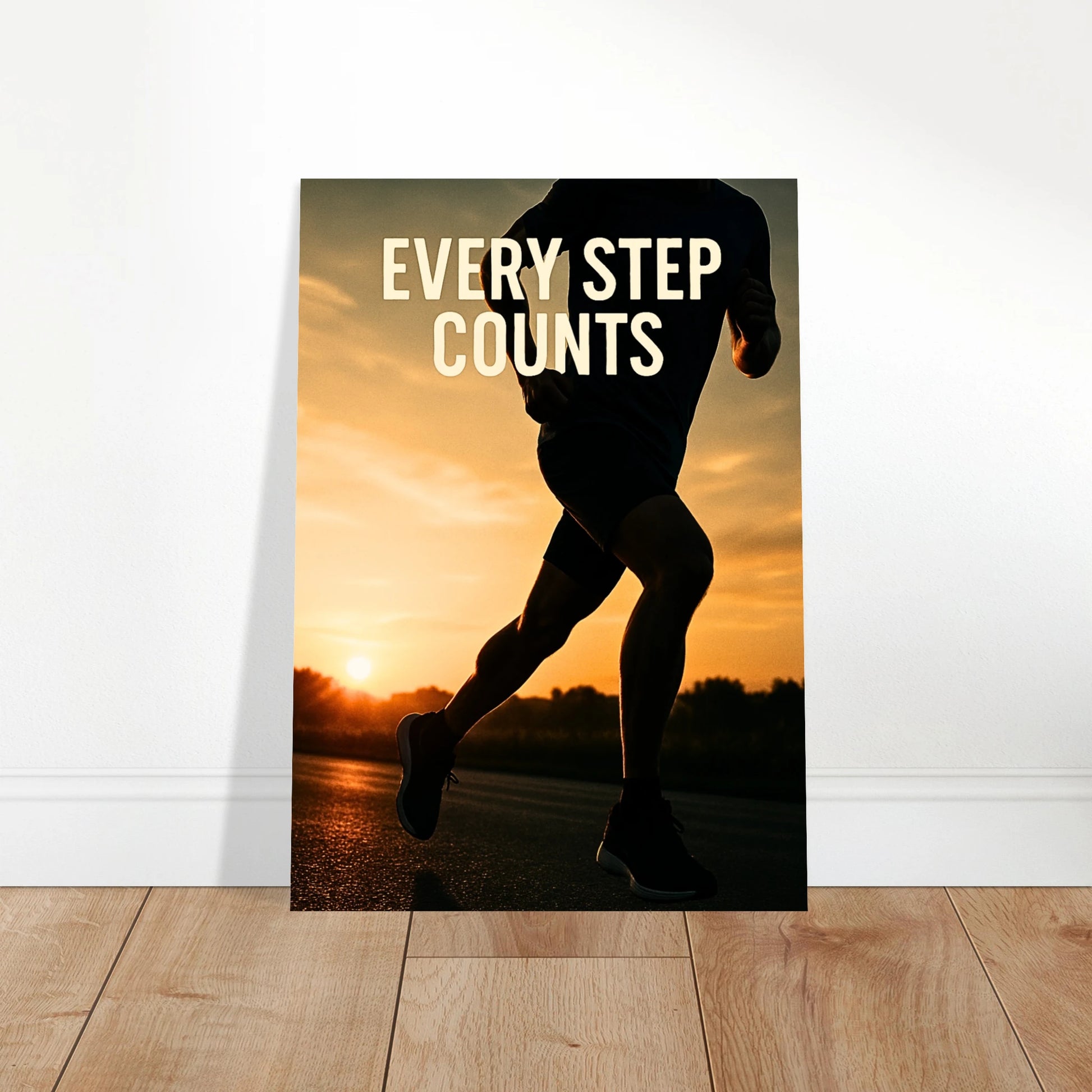 Poster „Every Step Counts“ an der Wand im Wohnzimmer – stilvolles Motivationsbild für Sportler und Fitness-Fans.