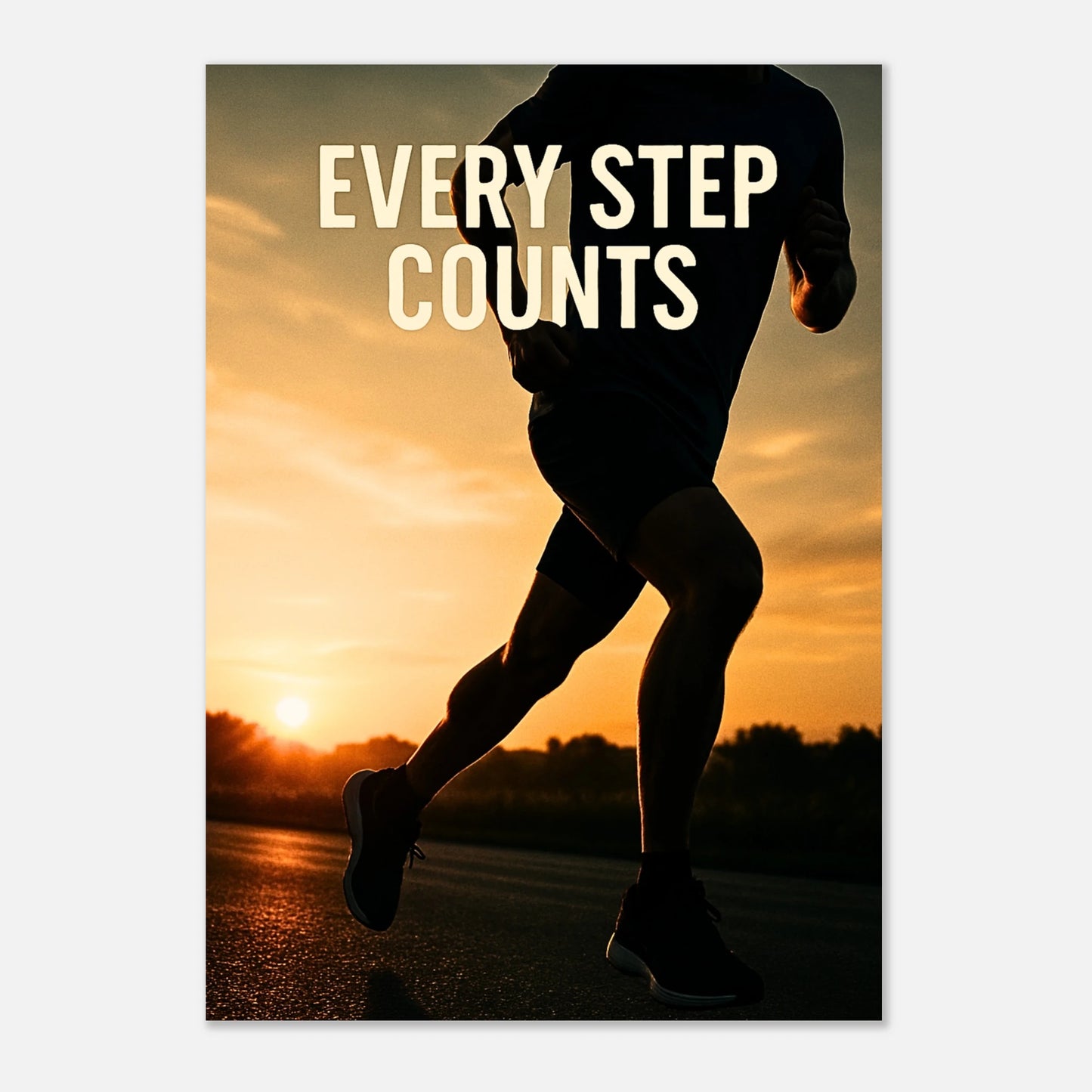 Motivationsposter „Every Step Counts“ mit sportlichem Läufer im Sonnenuntergang – perfektes Wandbild für Fitness, Laufen und Motivation.