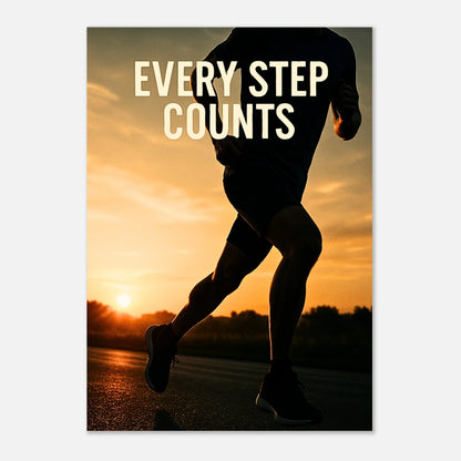Motivationsposter „Every Step Counts“ mit sportlichem Läufer im Sonnenuntergang – perfektes Wandbild für Fitness, Laufen und Motivation.