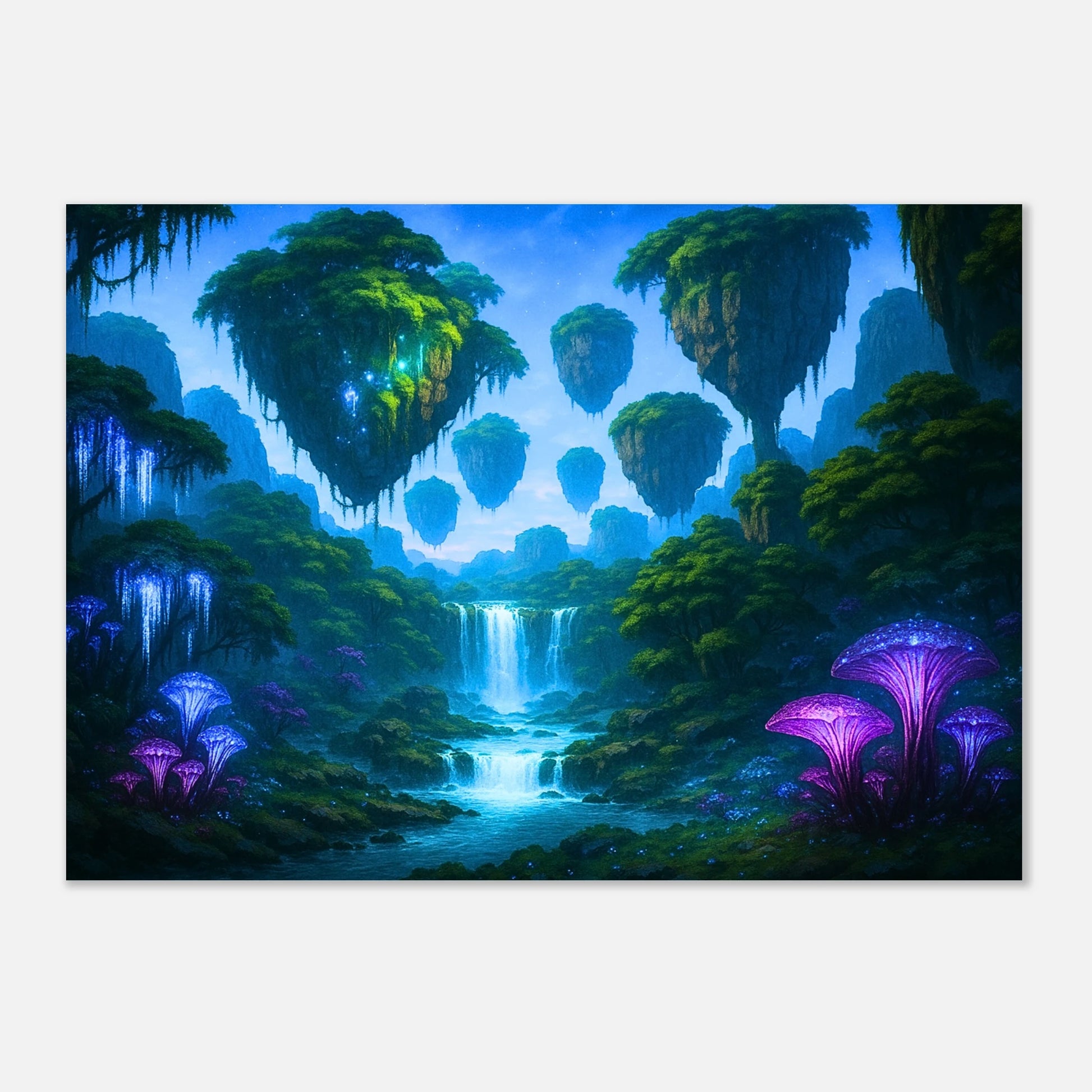 Fantasy floating islands and waterfall poster, vibrant alien world nature wall decor