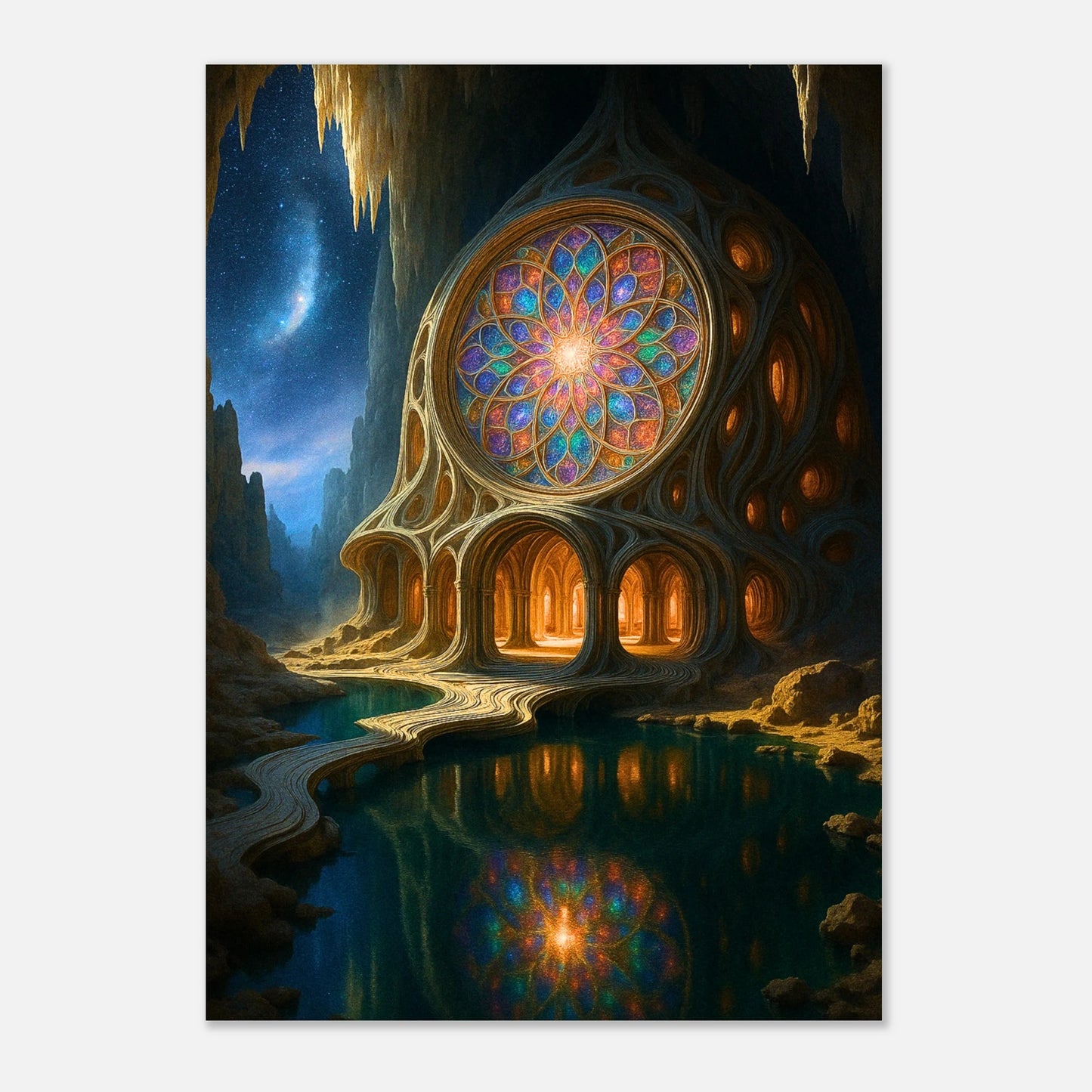 Fantasy House Poster – leuchtendes Glasfenster in einer magischen Höhle, mystisches Wandbild